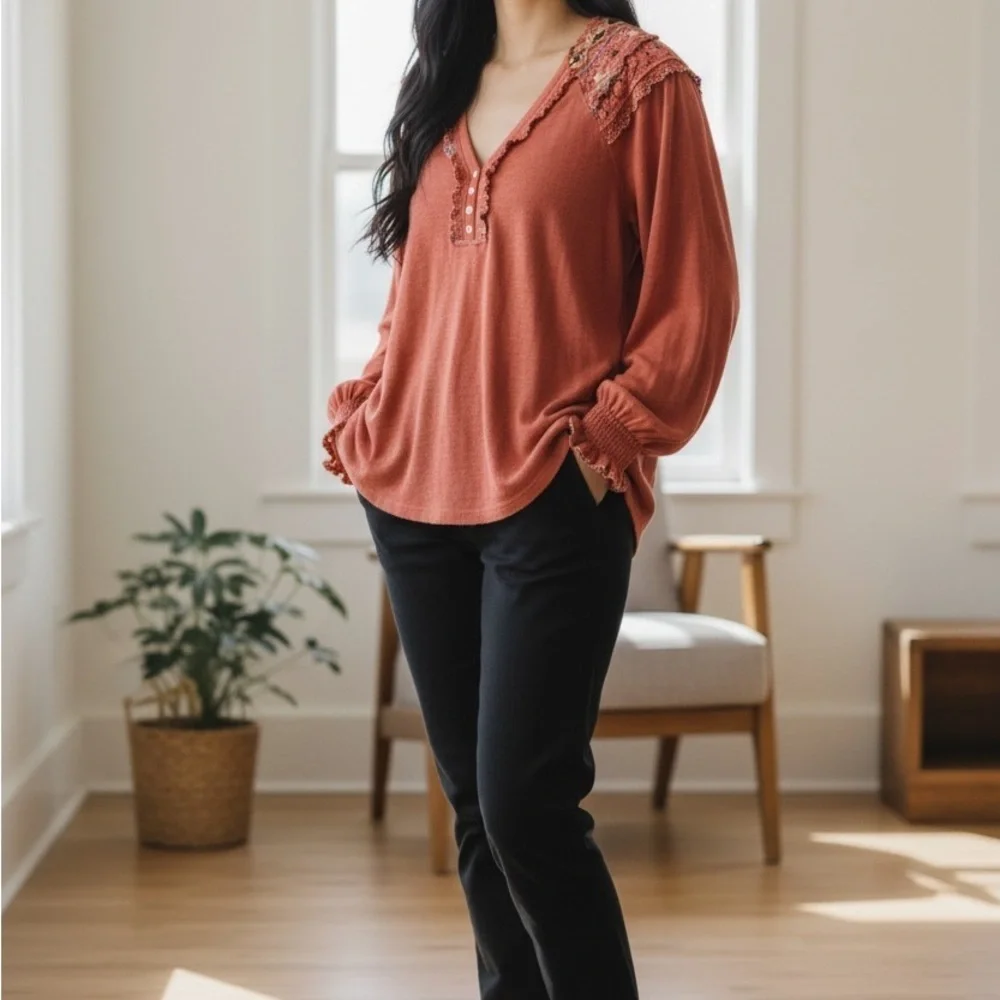 Free People Scarlet Lace-Accent Blouse